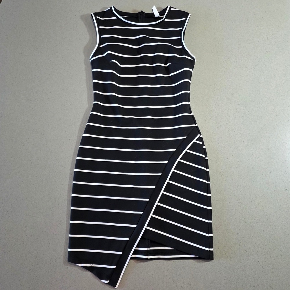 Bec & Bridge Black White Striped Asymmetrical Wrap Sheath Dress USA 4